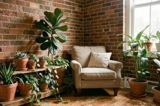 Coin salon transformé par des plantes d'intérieur variées sur une étagère en bois avec fauteuil en lin et mur en brique apparente