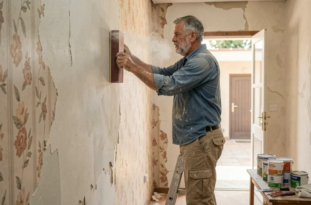 Homme ponçant un mur ancien recouvert de vieux papier peint pour préparer une surface propre avant une peinture écologique