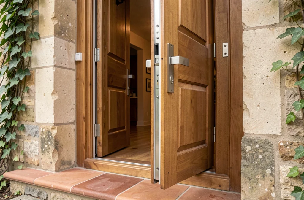 Détail d'une porte d'entrée en bois avec serrure multipoints nouvellement installée sur une façade en pierre