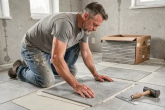 Carreleur posant un grand carreau en grès cérame sur le sol d'une cuisine en rénovation