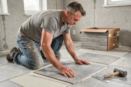 Carreleur posant un grand carreau en grès cérame sur le sol d'une cuisine en rénovation