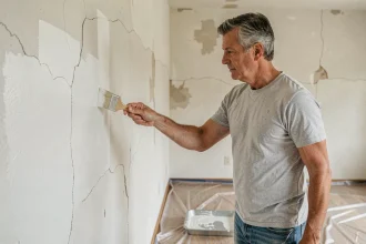 Homme appliquant une sous-couche sur un mur intérieur avant une peinture écologique dans une pièce en cours de rénovation