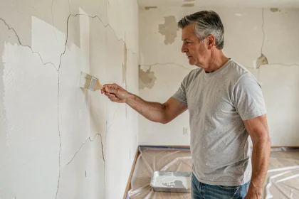 Homme appliquant une sous-couche sur un mur intérieur avant une peinture écologique dans une pièce en cours de rénovation