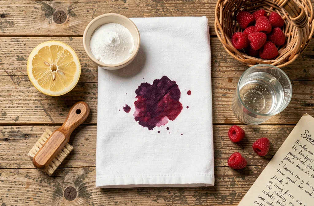 Vue de dessus d'une tache de framboise sur un torchon blanc entourée d'ingrédients naturels pour le détachage comme citron et bicarbonate