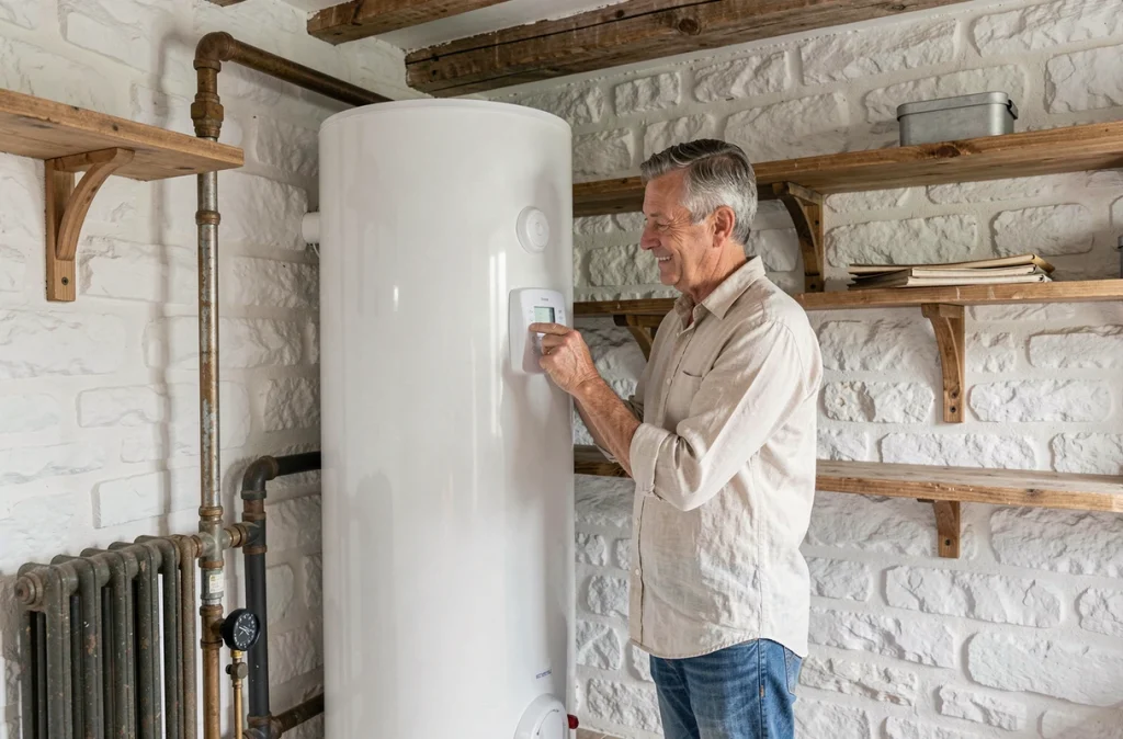 Propriétaire vérifiant le thermostat de son chauffe-eau solaire installé dans une maison de campagne rénovée