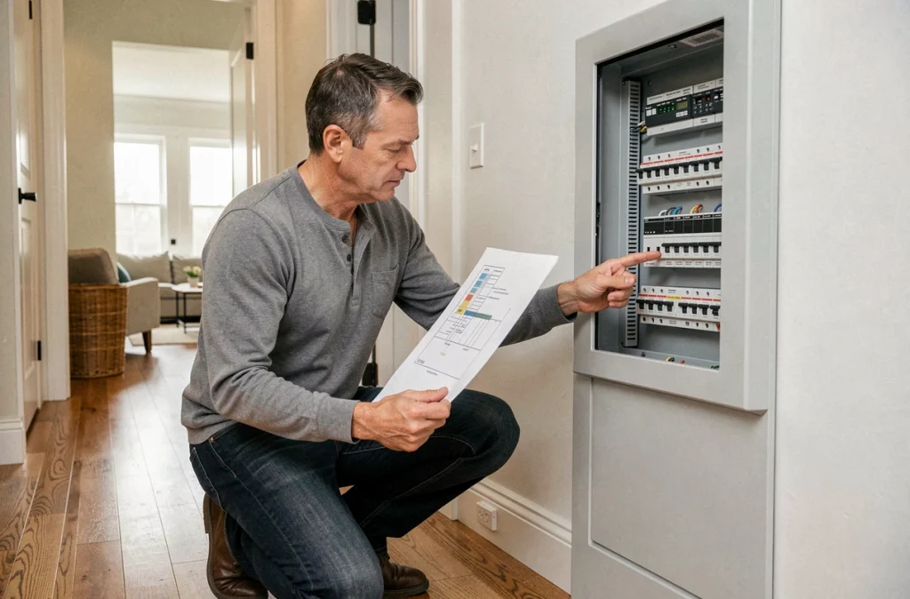 Propriétaire consultant un schéma électrique devant un tableau de domotique dans un couloir moderne