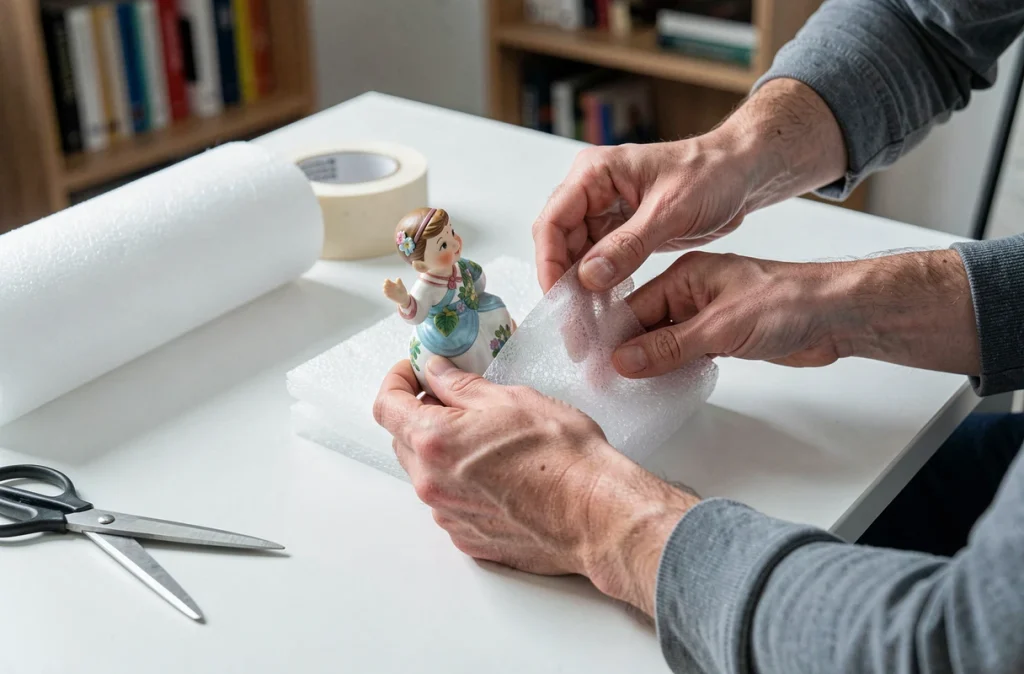Gros plan sur des mains protégeant une figurine en porcelaine avec du papier mousse avant un emballage sécurisé