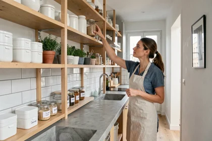 Femme organisant des rangements ouverts en bois dans une petite cuisine de studio parisien avec étagères verticales et bocaux en verre