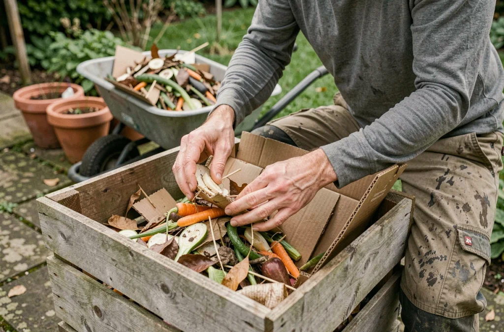 Homme remplissant un composteur maison avec des déchets organiques et du carton recyclé