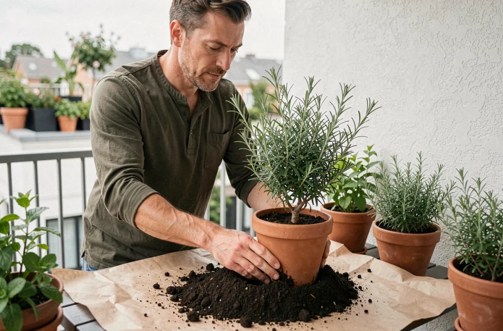 Homme en train de rempoter un plant de romarin sur un balcon avec de la terre et des pots en argile