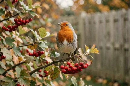 Rouge-gorge perché sur une branche d'aubépine indigène chargée de baies rouges dans un jardin automnal