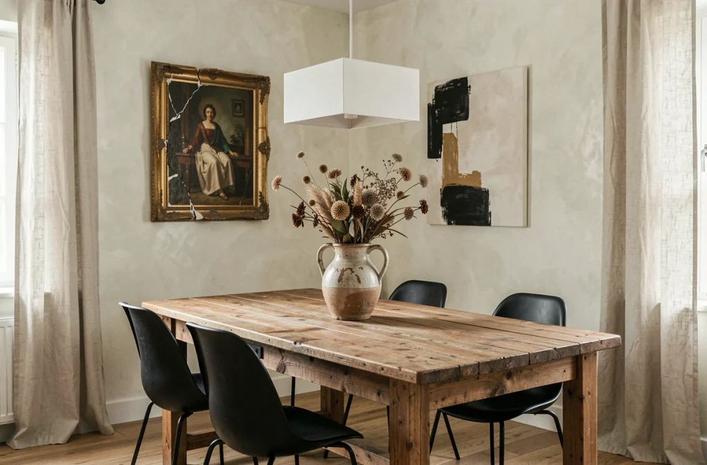 Coin salle à manger combinant table en bois recyclé rustique, chaises design contemporaines et tableau ancien dans cadre doré patiné