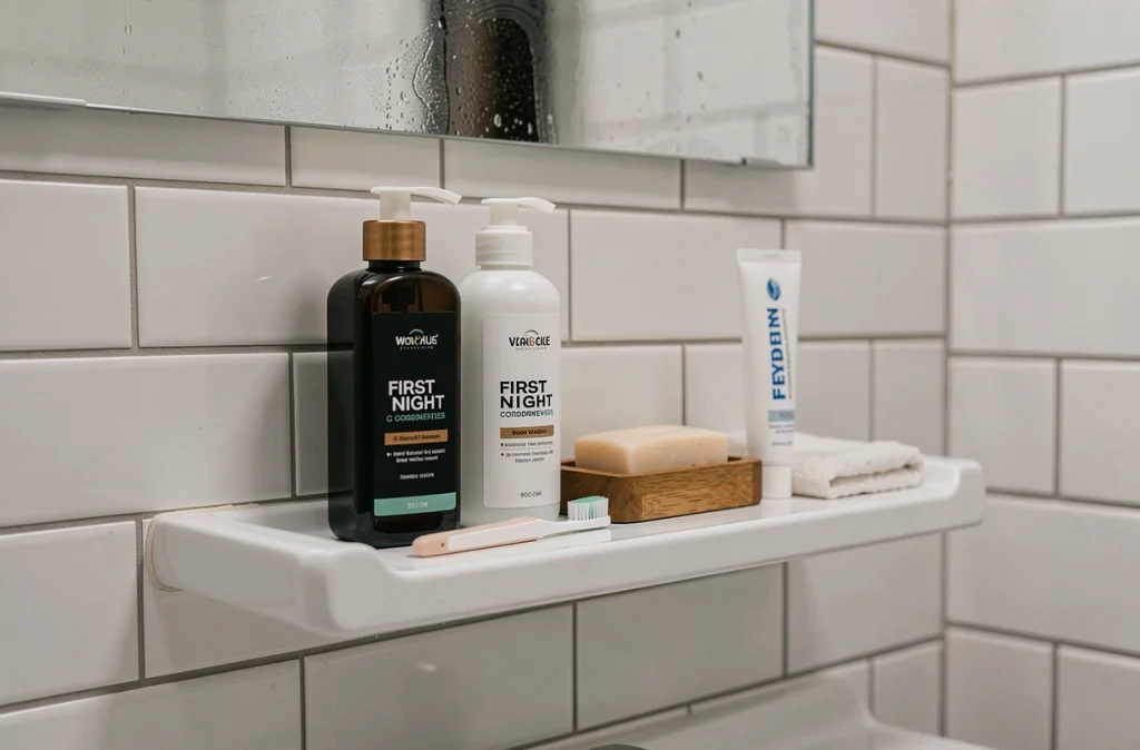 Étagère de salle de bain minimaliste avec produits de toilette essentiels pour une première nuit dans un nouveau logement