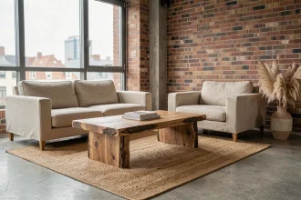 Salon minimaliste avec matériaux naturels bruts, table en chêne massif, canapé en lin et tapis en jute sur sol en béton ciré