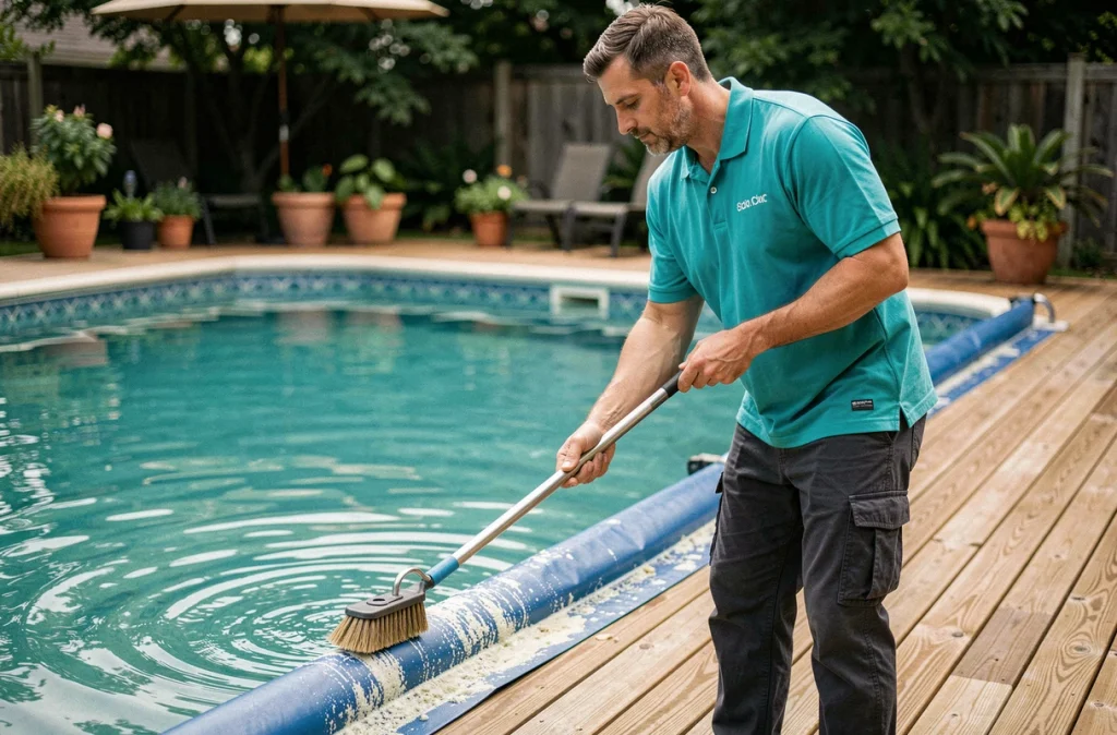 Technicien professionnel nettoyant la ligne d'eau du liner de piscine pour prolonger sa durée de vie