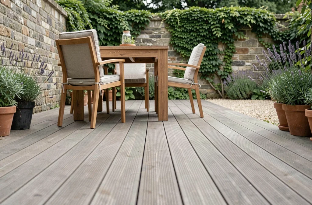 Terrasse en bois finalisée avec mobilier de jardin en teck et plantes en pot