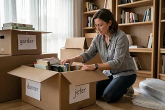 Femme triant des affaires dans des cartons étiquetés lors d'une préparation au déménagement