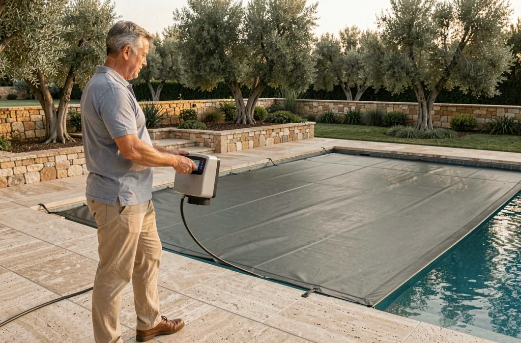 Homme activant le système de couverture automatique de piscine via un panneau de commande mural pour réduire l'évaporation