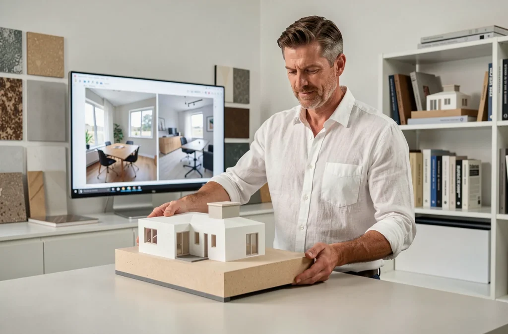 Designer de Adam Concept présentant une maquette architecturale de concept intérieur personnalisé dans un studio moderne