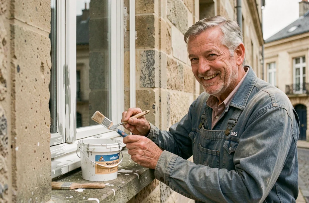Artisan Abel effectuant des petits travaux de peinture sur une fenêtre en pierre près d'Arras