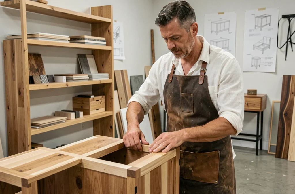 Artisan de l'Atelier Capelan assemblant un meuble en bois sur mesure dans un atelier de création contemporain