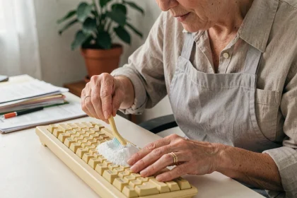 Femme appliquant une pâte de bicarbonate de soude sur un plastique jauni avec une vieille brosse à dents pour le blanchir