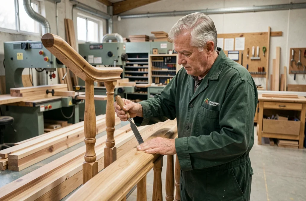 Maître menuisier de Dossetto David SAS finissant à la main une balustrade d'escalier sur mesure dans un atelier professionnel