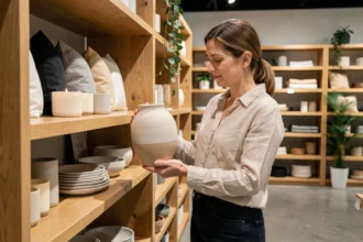 Femme comparant des articles décoratifs dans un magasin de décoration intérieure style Casa Corner ou Casashops