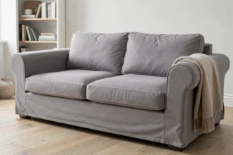 Housse gris clair bien ajustée sur un canapé-lit BZ dans un salon scandinave minimaliste