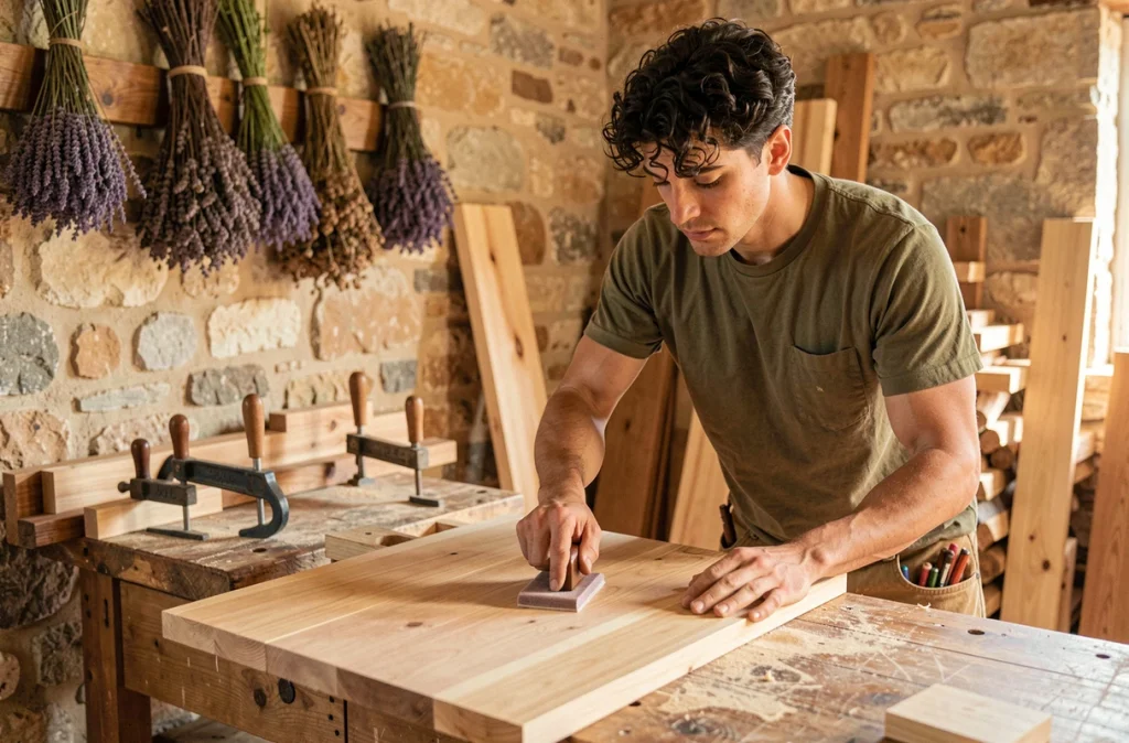 Menuisier de Legno Prouvencau Romain Combalat EI ponçant un panneau en bois dans un atelier aux touches provençales