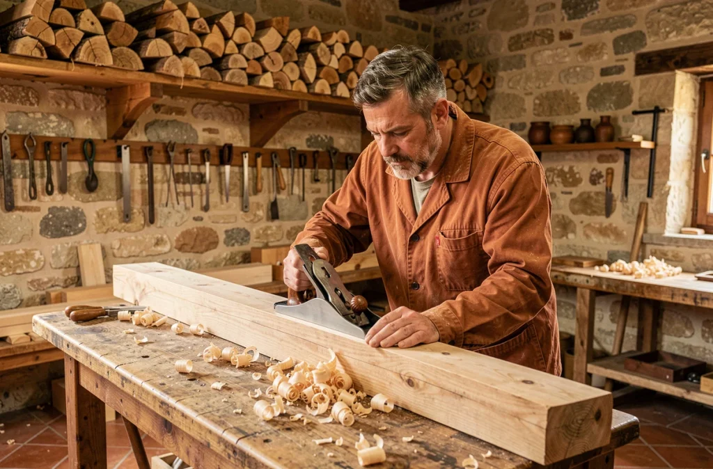 Artisan menuisier de la Menuiserie du Chêne Rouge rabot à la main sur une poutre en chêne massif dans un atelier rustique