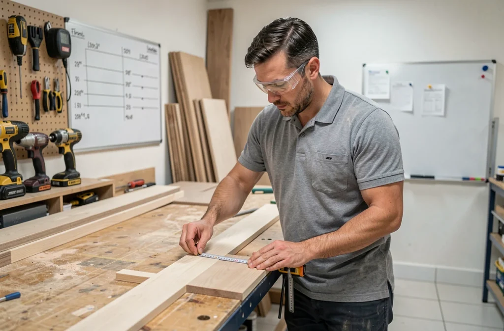 Menuisier de Menuiserie M.D. mesurant un panneau de bois dans un atelier organisé et moderne