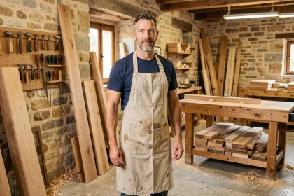 Menuisier artisan dans un atelier de menuiserie en Provence, entouré de panneaux de bois et d'outils traditionnels