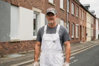 Peintre en bâtiment professionnel devant une façade rénovée dans les Hauts-de-France