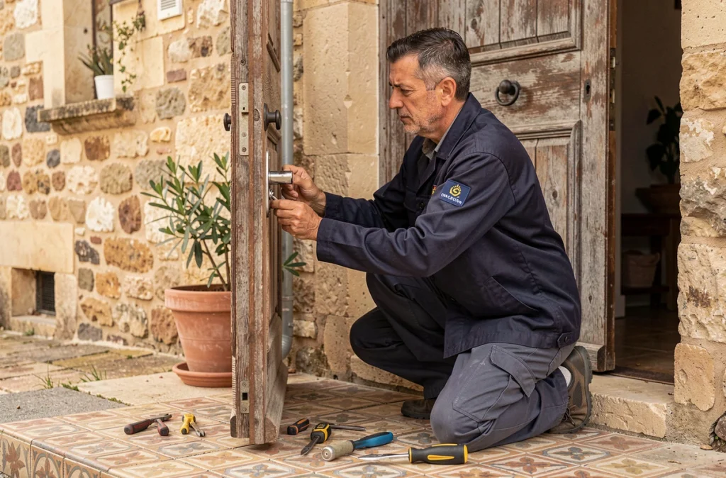 Technicien de REPAR'PORTES réparant la serrure d'une porte d'entrée dans une résidence provençale