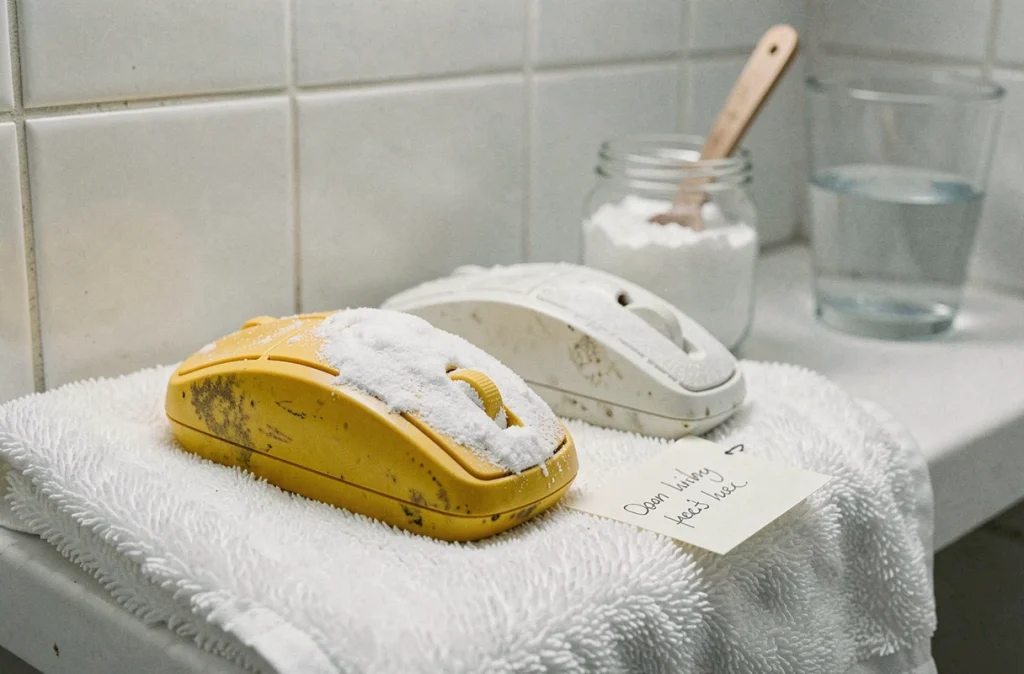 Objets en plastique jauni recouverts de pâte de bicarbonate en temps de pose sur une étagère de salle de bain
