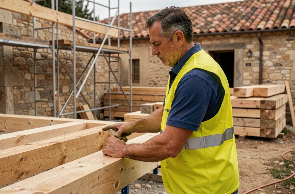 Ouvrier de TOFERBAT installant des éléments en bois sur un chantier de construction en Provence