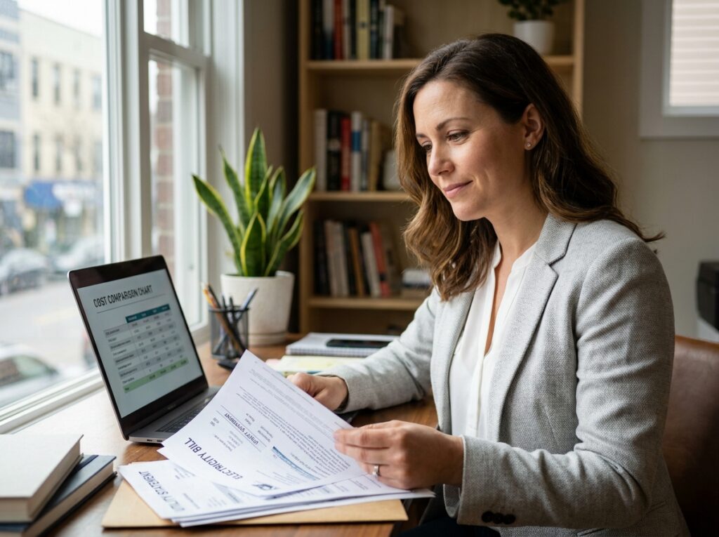 Femme analysant sa facture d'électricité triphasée et comparant les offres d'abonnement sur ordinateur