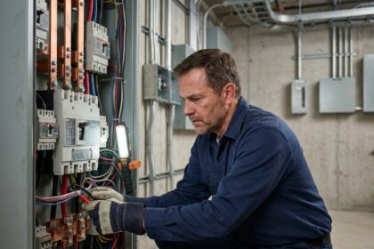 Électricien inspectant un tableau électrique triphasé industriel dans une salle technique