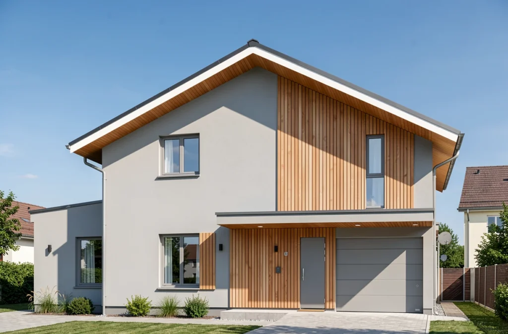 Façade de maison après isolation, enduit lisse et bardage bois