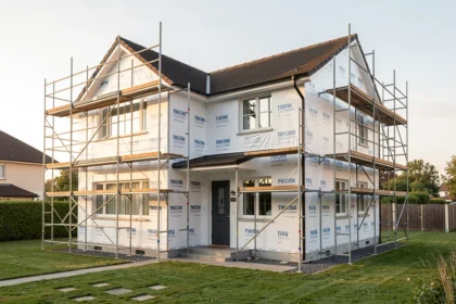 Maison en cours d'isolation extérieure avec échafaudage