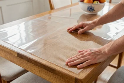 Nappe transparente sur mesure parfaitement posée sur une table en bois sans plis ni bulles d'air, mains féminines lissant les bords